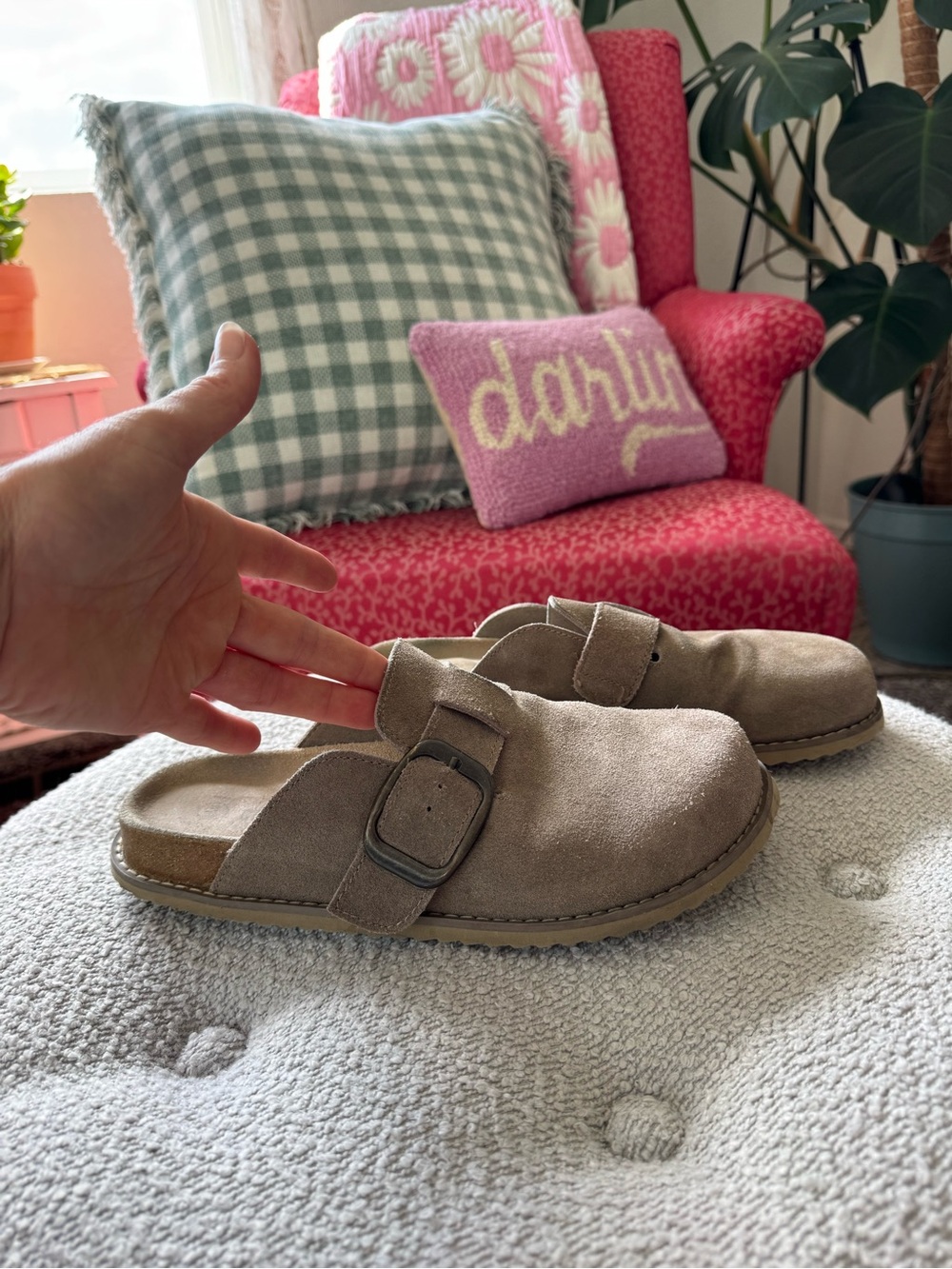 Women's Suede Clogs with Buckle in Taupe